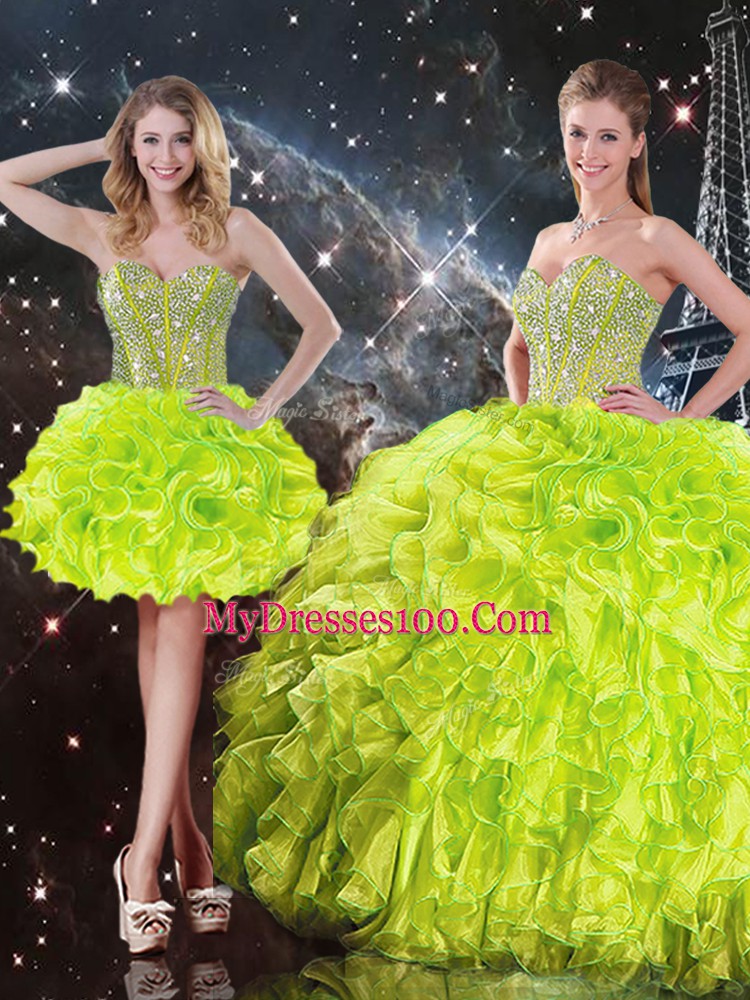 Eye-catching Yellow Green Sweetheart Neckline Beading and Ruffles Sweet 16 Quinceanera Dress Sleeveless Lace Up