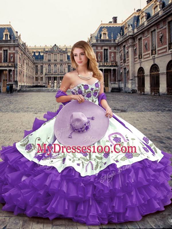 Lavender Ball Gowns Sweetheart Sleeveless Organza Floor Length Lace Up Embroidery and Ruffled Layers 15 Quinceanera Dress