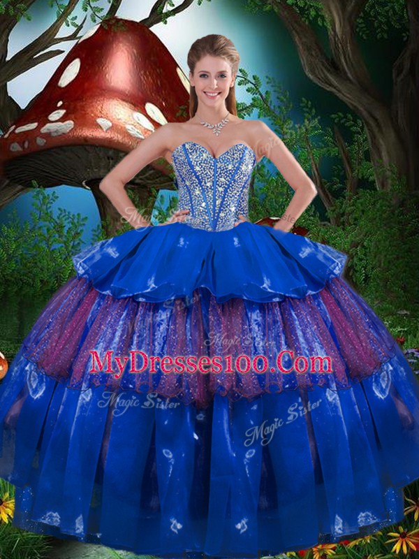 Hot Sale Multi-color Ball Gowns Beading and Ruffled Layers and Sequins Quinceanera Dress Lace Up Organza Sleeveless Floor Length