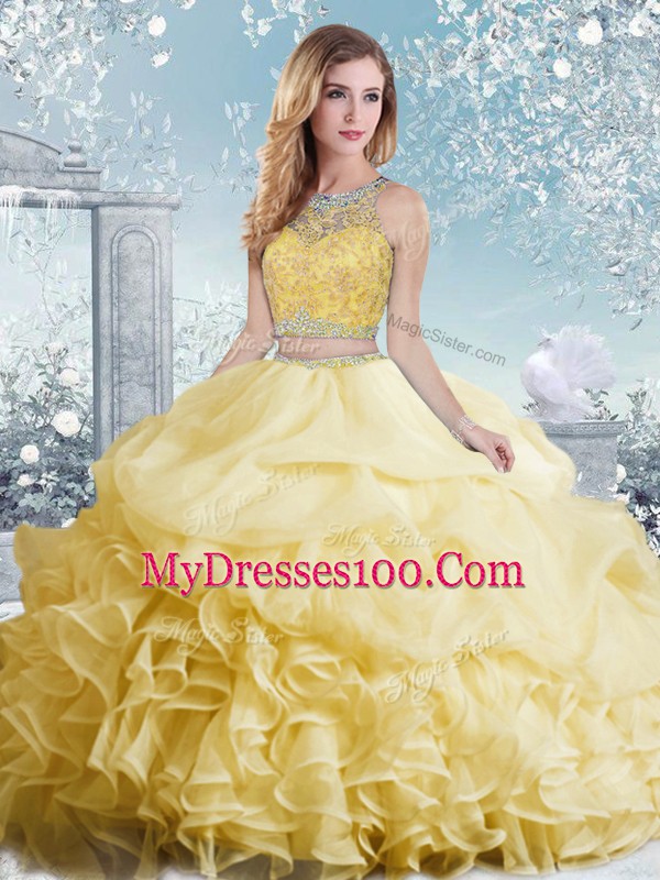 Pretty Floor Length Yellow Vestidos de Quinceanera Bateau Sleeveless Clasp Handle