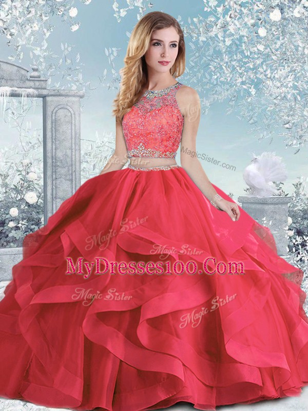 Fantastic Coral Red Sleeveless Organza Clasp Handle Sweet 16 Dress for Military Ball and Sweet 16 and Quinceanera