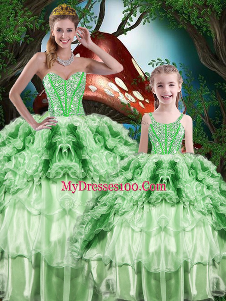 Green Quince Ball Gowns Military Ball and Sweet 16 and Quinceanera with Beading and Ruffles and Ruffled Layers Sweetheart Sleeveless Lace Up