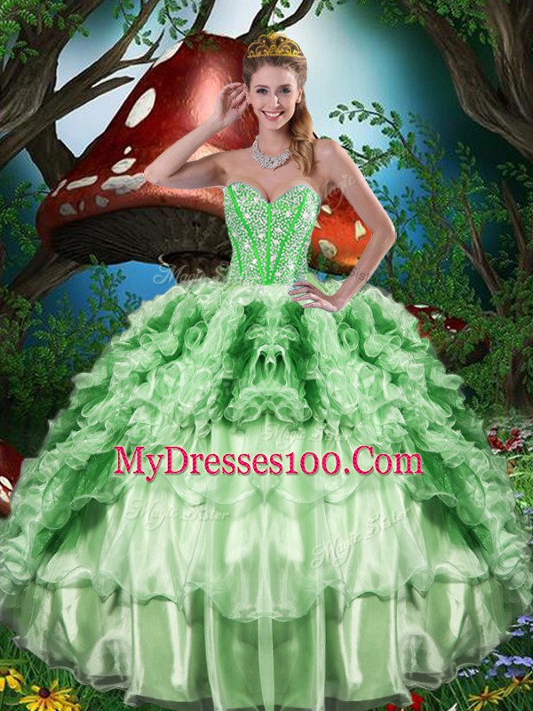 Green Quince Ball Gowns Military Ball and Sweet 16 and Quinceanera with Beading and Ruffles and Ruffled Layers Sweetheart Sleeveless Lace Up