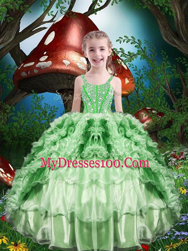 Green Quince Ball Gowns Military Ball and Sweet 16 and Quinceanera with Beading and Ruffles and Ruffled Layers Sweetheart Sleeveless Lace Up