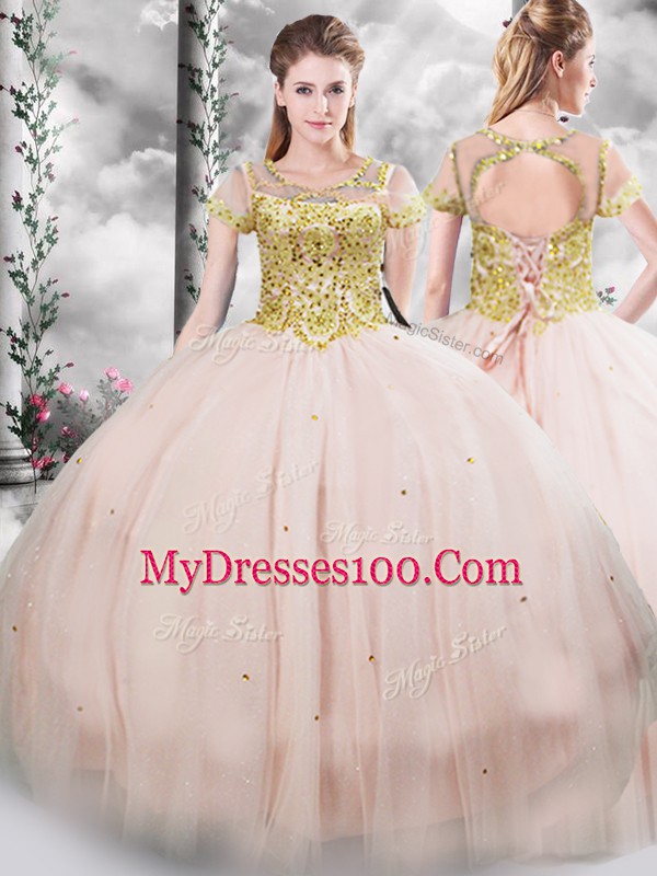 Pink Ball Gowns Tulle Scoop Short Sleeves Beading Floor Length Lace Up 15th Birthday Dress