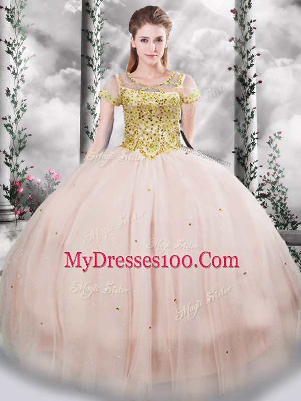 Pink Ball Gowns Tulle Scoop Short Sleeves Beading Floor Length Lace Up 15th Birthday Dress