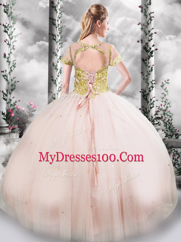 Pink Ball Gowns Tulle Scoop Short Sleeves Beading Floor Length Lace Up 15th Birthday Dress