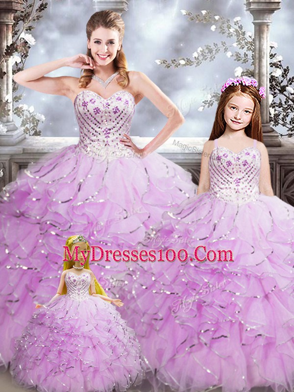 Custom Design Lilac Ball Gowns Organza Sweetheart Sleeveless Beading and Ruffles Floor Length Lace Up Vestidos de Quinceanera