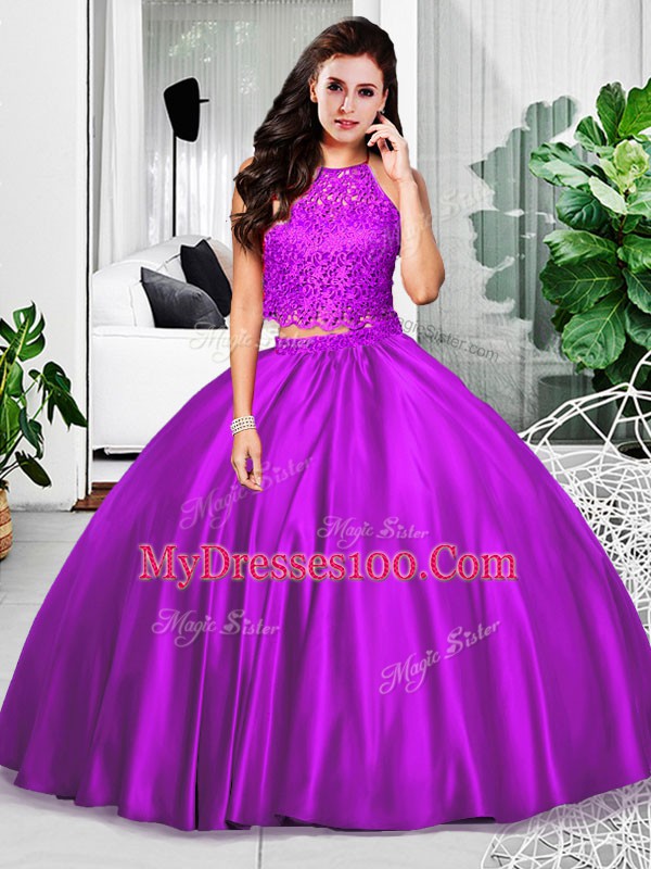 Halter Top Sleeveless Ball Gown Prom Dress Floor Length Lace and Ruching Eggplant Purple Taffeta