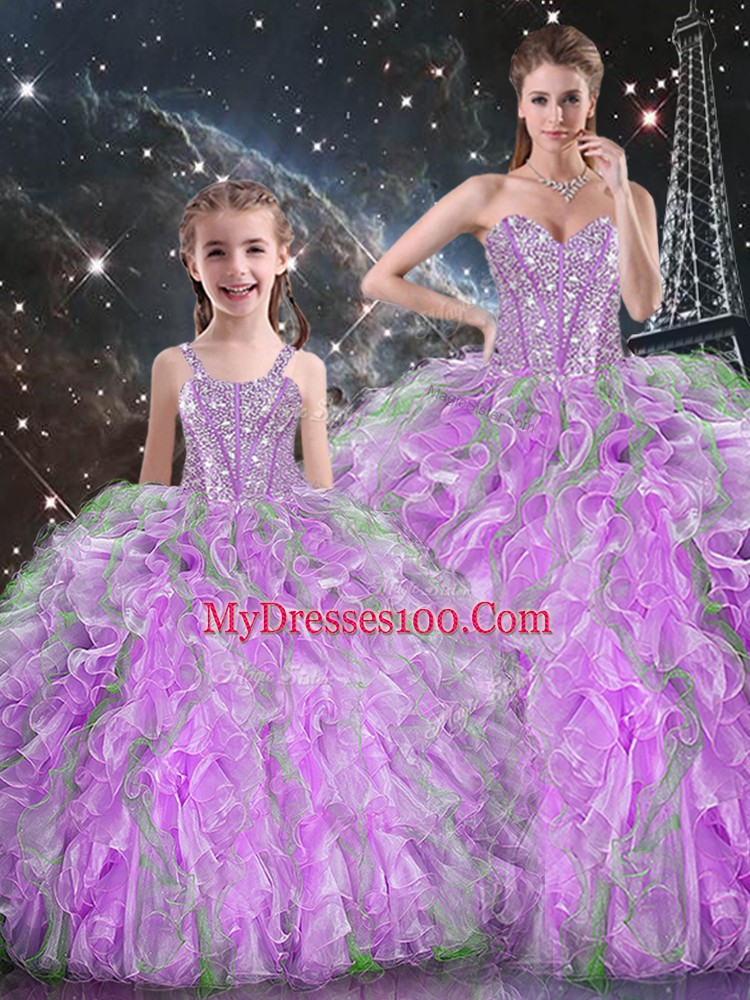 Organza Sleeveless Floor Length 15 Quinceanera Dress and Beading and Ruffles