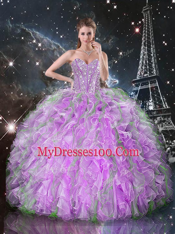 Organza Sleeveless Floor Length 15 Quinceanera Dress and Beading and Ruffles