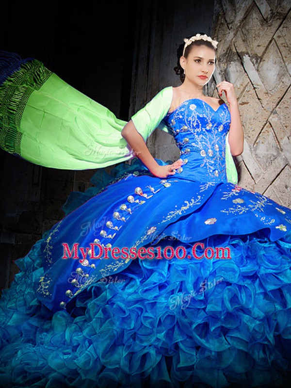Lace Up Quince Ball Gowns Royal Blue for Military Ball and Sweet 16 and Quinceanera with Embroidery and Ruffles Brush Train