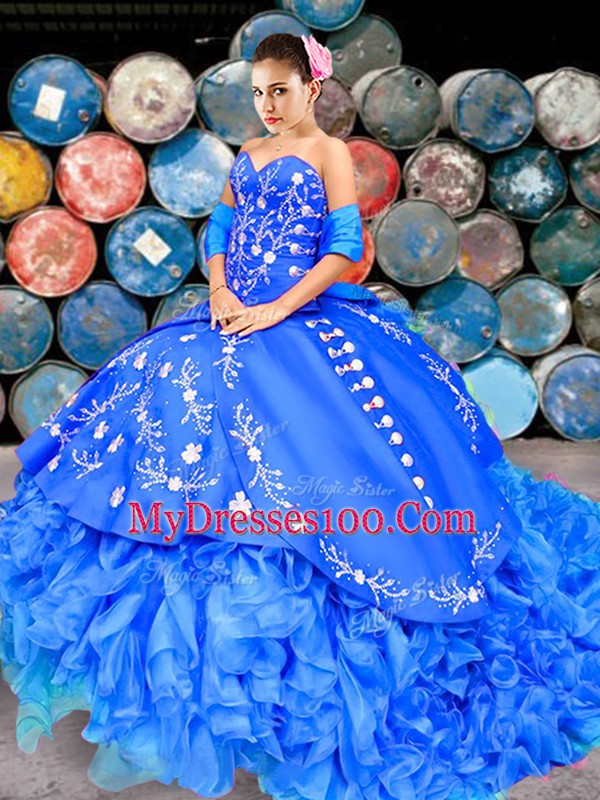 Lace Up Quince Ball Gowns Royal Blue for Military Ball and Sweet 16 and Quinceanera with Embroidery and Ruffles Brush Train