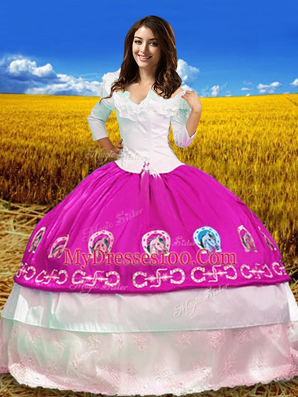 Multi-color Lace Up Sweet 16 Quinceanera Dress Embroidery 3 4 Length Sleeve Floor Length