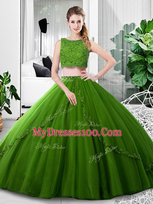Olive Green Two Pieces Tulle Scoop Sleeveless Lace and Ruching Floor Length Zipper Quinceanera Dresses