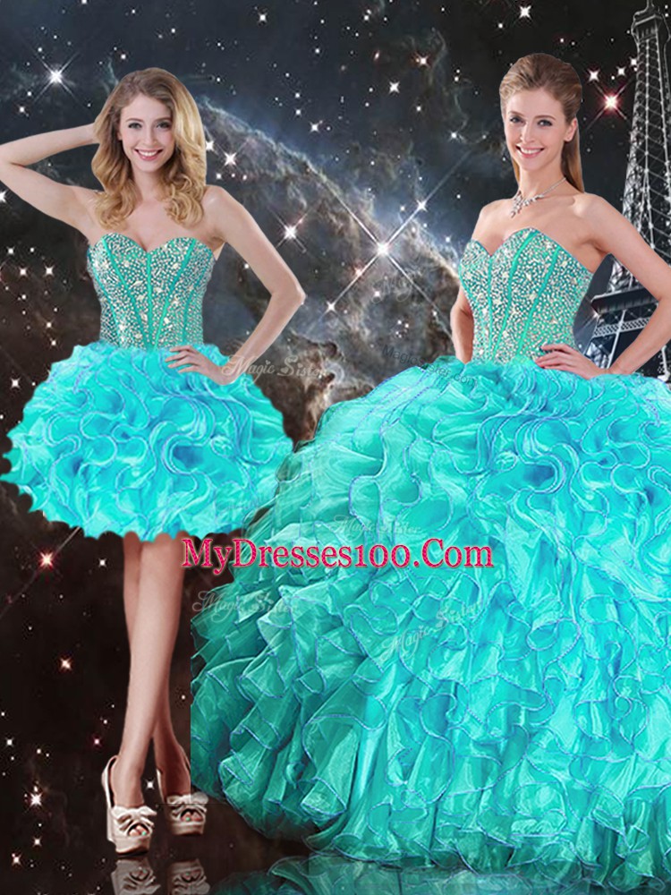 High Quality Aqua Blue Lace Up Sweetheart Beading and Ruffles 15 Quinceanera Dress Organza Sleeveless