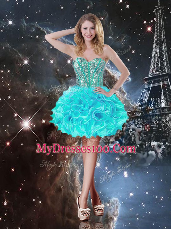 High Quality Aqua Blue Lace Up Sweetheart Beading and Ruffles 15 Quinceanera Dress Organza Sleeveless