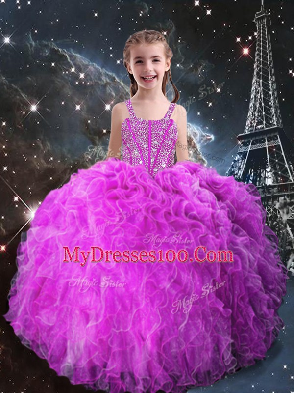 Fuchsia Sleeveless Floor Length Beading and Ruffles Lace Up Girls Pageant Dresses