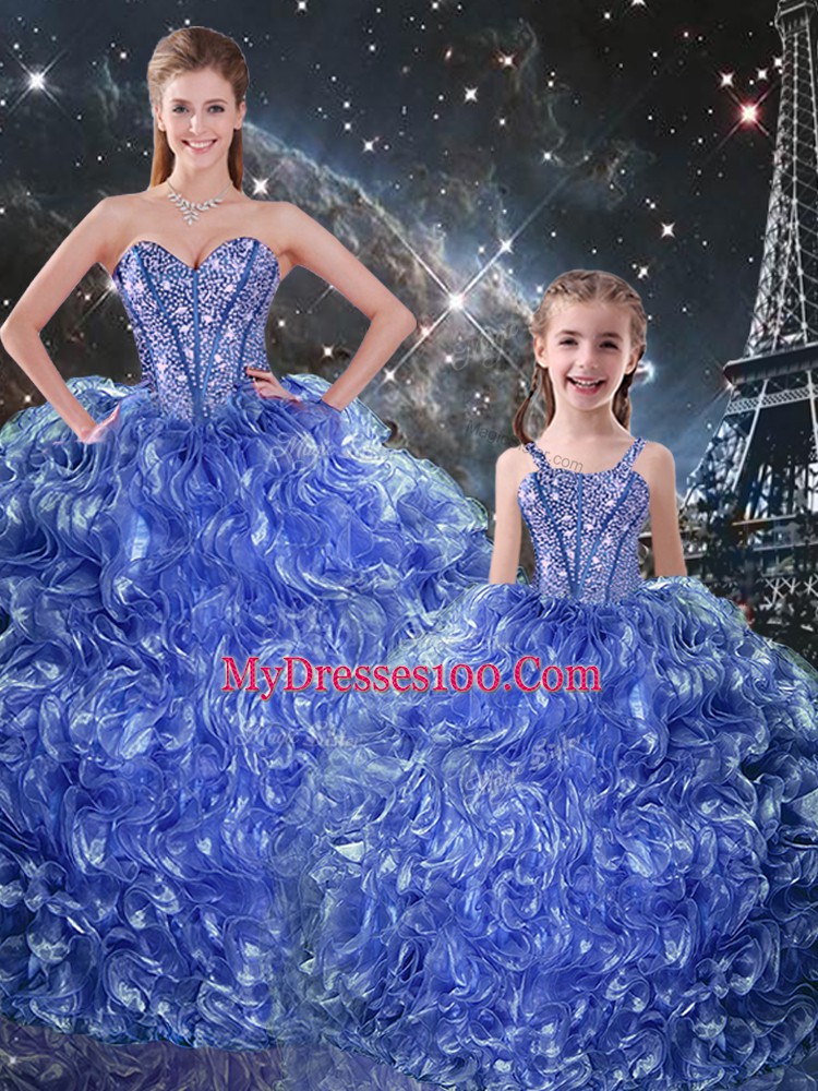 Custom Designed Blue Ball Gowns Beading and Ruffles Sweet 16 Quinceanera Dress Lace Up Organza Sleeveless Floor Length