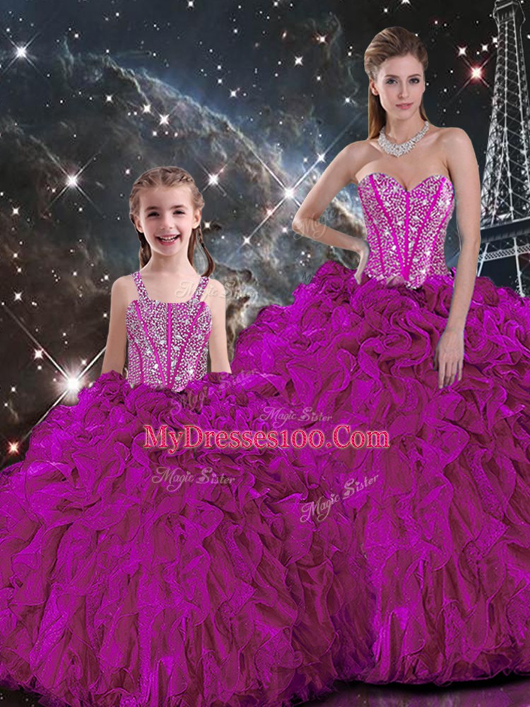 Floor Length Fuchsia Quinceanera Gowns Sweetheart Sleeveless Lace Up
