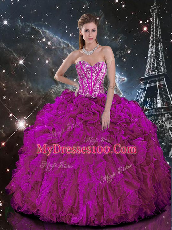 Floor Length Fuchsia Quinceanera Gowns Sweetheart Sleeveless Lace Up