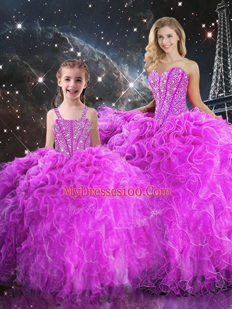Classical Fuchsia Ball Gowns Organza Sweetheart Sleeveless Beading and Ruffles Floor Length Lace Up Vestidos de Quinceanera