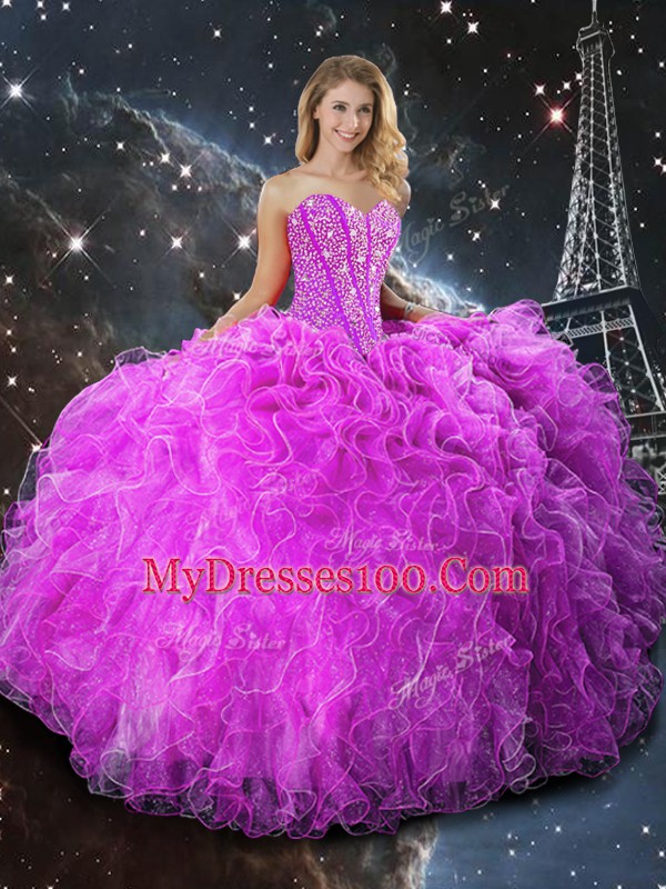 Classical Fuchsia Ball Gowns Organza Sweetheart Sleeveless Beading and Ruffles Floor Length Lace Up Vestidos de Quinceanera
