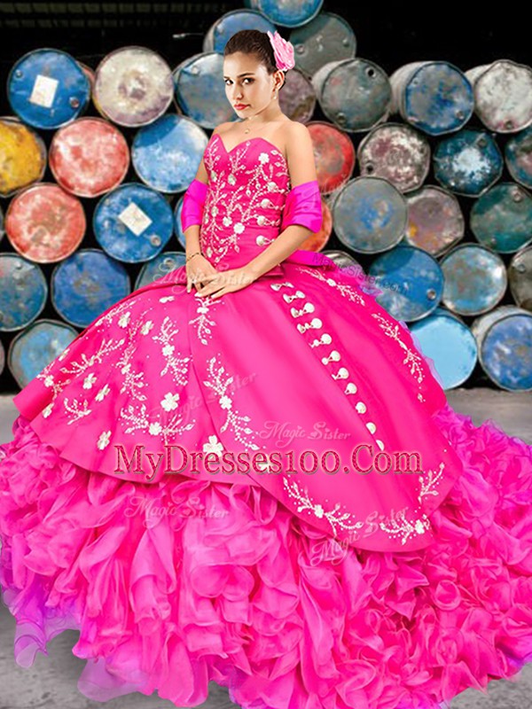 Organza Sweetheart Sleeveless Brush Train Lace Up Embroidery and Ruffles Sweet 16 Dresses in Hot Pink
