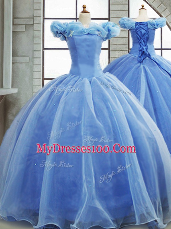 Colorful Light Blue Ball Gowns Off The Shoulder Sleeveless Organza Brush Train Lace Up Pick Ups Quinceanera Dress