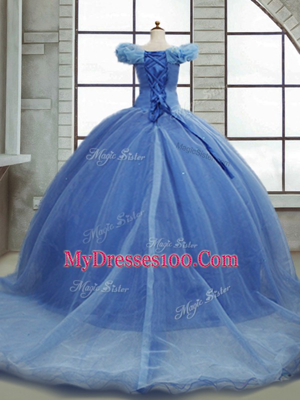 Colorful Light Blue Ball Gowns Off The Shoulder Sleeveless Organza Brush Train Lace Up Pick Ups Quinceanera Dress