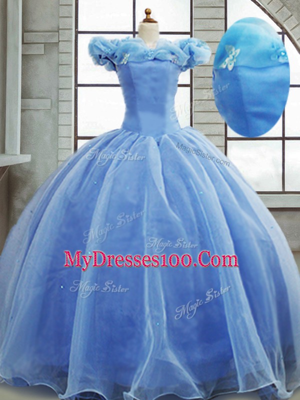 Colorful Light Blue Ball Gowns Off The Shoulder Sleeveless Organza Brush Train Lace Up Pick Ups Quinceanera Dress