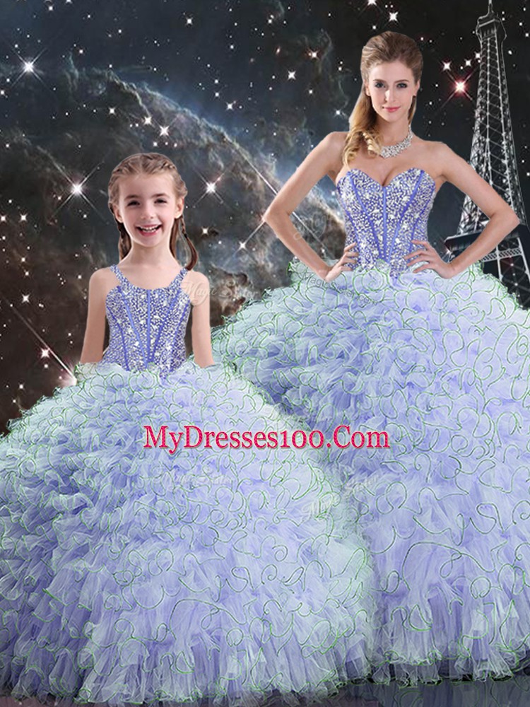 Lavender Sweetheart Lace Up Beading and Ruffles Sweet 16 Dresses Sleeveless