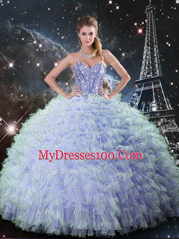 Lavender Sweetheart Lace Up Beading and Ruffles Sweet 16 Dresses Sleeveless