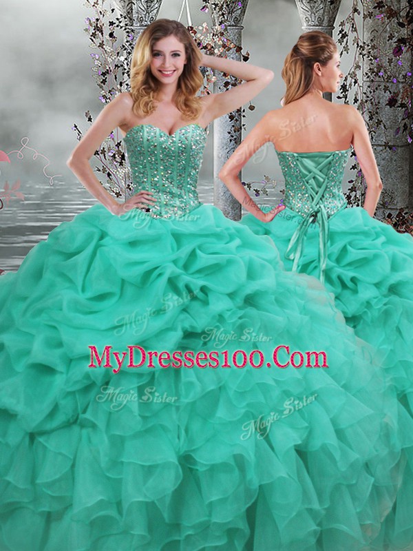 Fantastic Floor Length Turquoise Quince Ball Gowns Organza Sleeveless Beading and Ruffles
