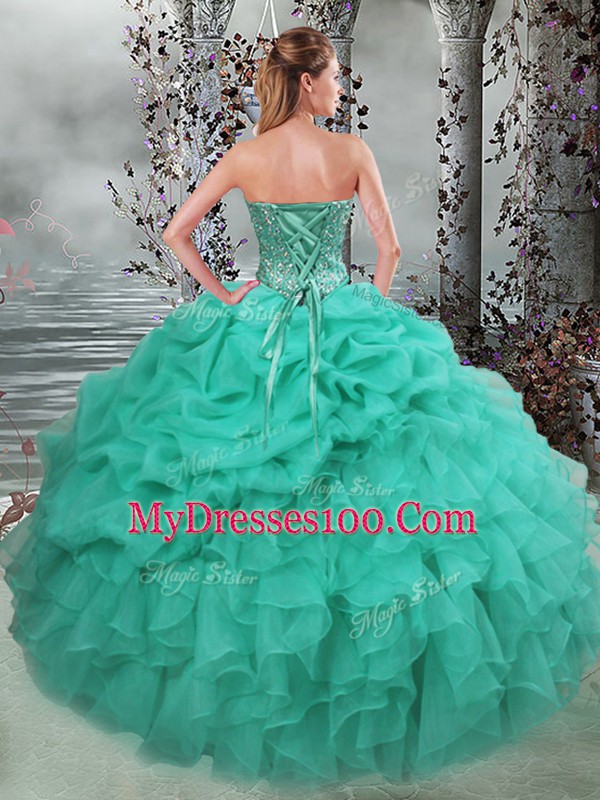 Fantastic Floor Length Turquoise Quince Ball Gowns Organza Sleeveless Beading and Ruffles