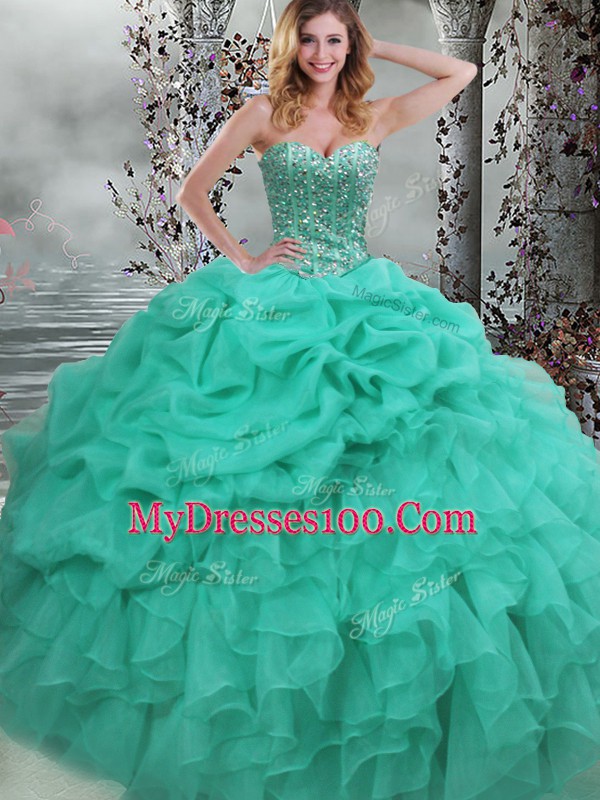 Fantastic Floor Length Turquoise Quince Ball Gowns Organza Sleeveless Beading and Ruffles