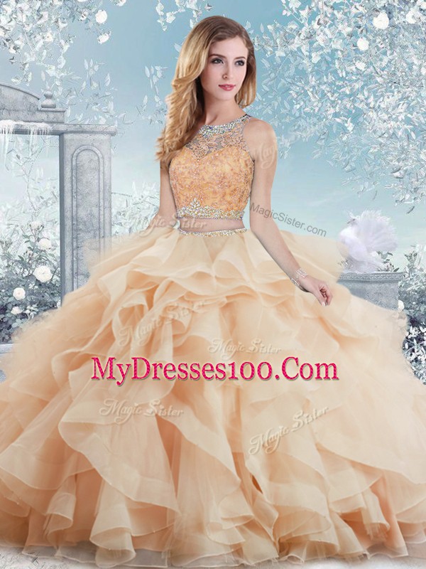 Beading and Ruffles Sweet 16 Quinceanera Dress Peach Clasp Handle Sleeveless Floor Length
