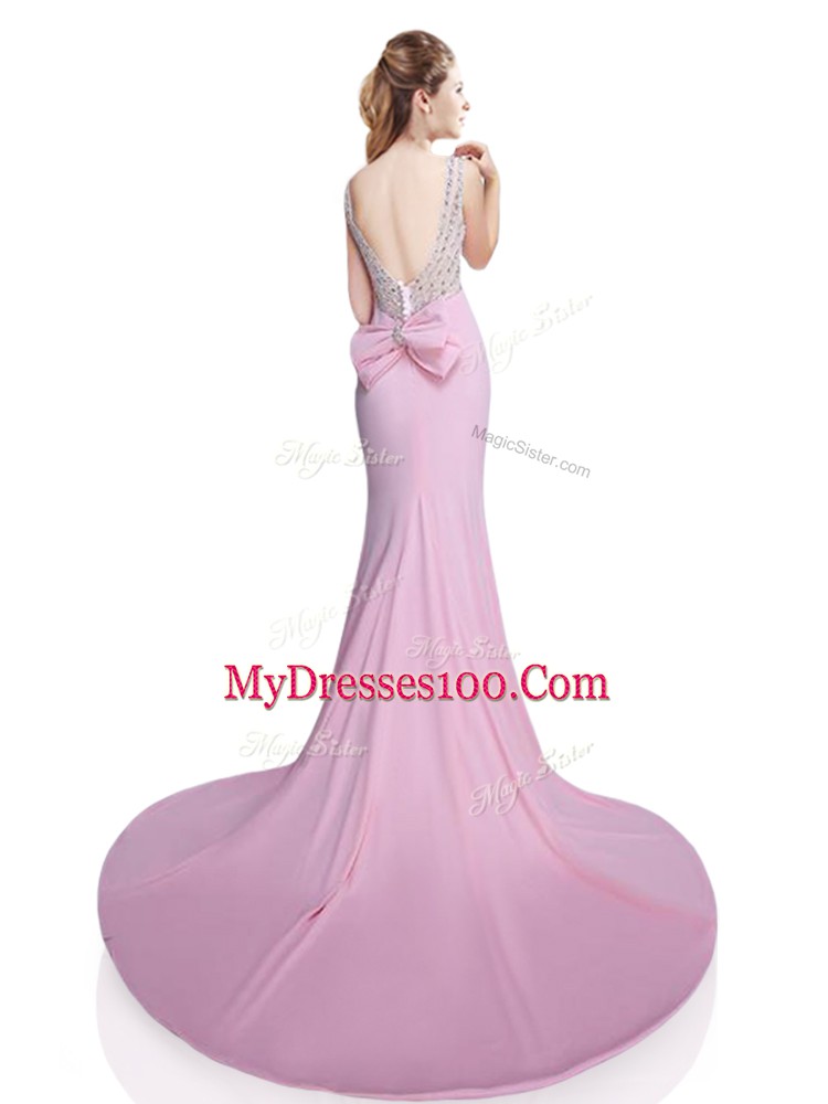 Luxurious Pink Sleeveless Elastic Woven Satin Brush Train Clasp Handle Evening Dress for Prom and Party