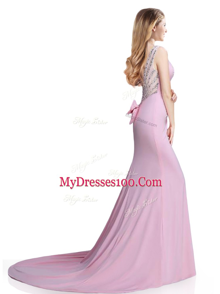 Luxurious Pink Sleeveless Elastic Woven Satin Brush Train Clasp Handle Evening Dress for Prom and Party