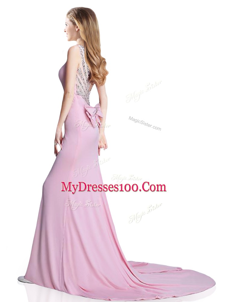 Luxurious Pink Sleeveless Elastic Woven Satin Brush Train Clasp Handle Evening Dress for Prom and Party