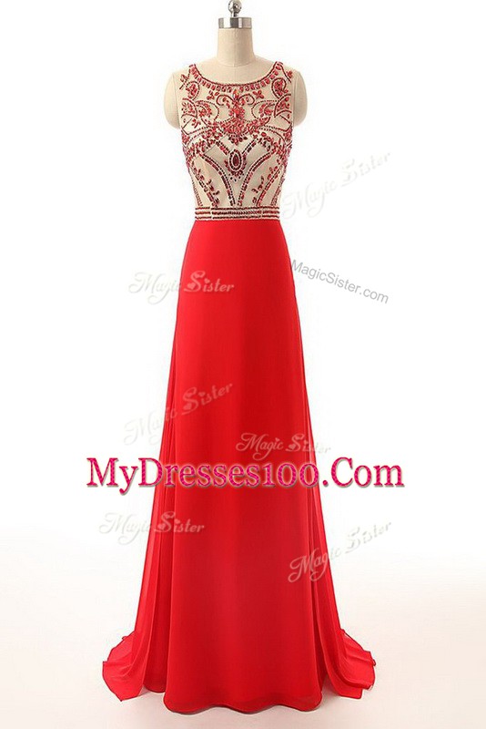 Perfect Chiffon Scoop Sleeveless Brush Train Side Zipper Beading Prom Gown in Red
