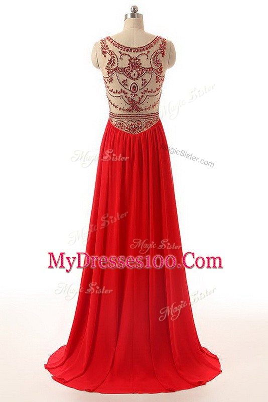 Perfect Chiffon Scoop Sleeveless Brush Train Side Zipper Beading Prom Gown in Red