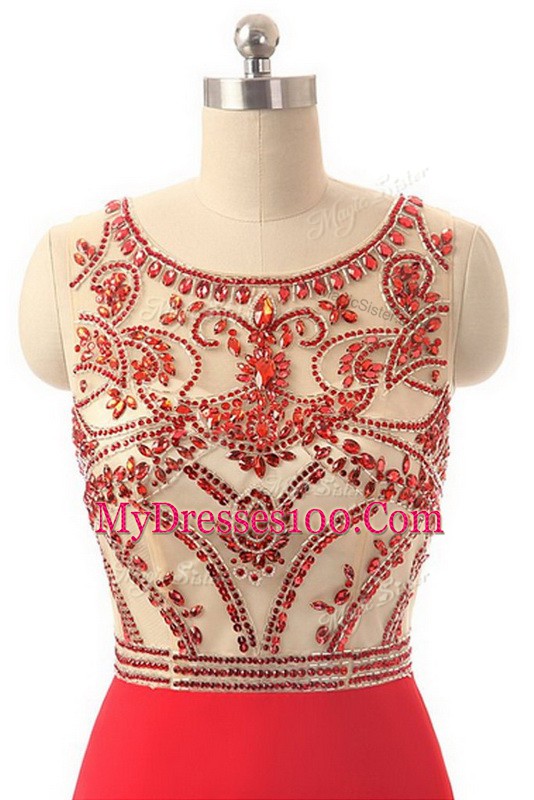 Perfect Chiffon Scoop Sleeveless Brush Train Side Zipper Beading Prom Gown in Red