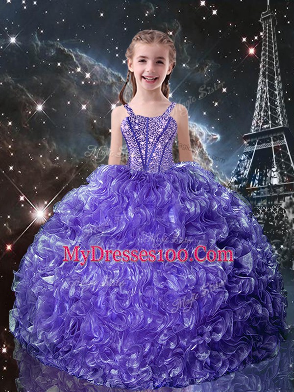Purple Ball Gowns Straps Sleeveless Organza Floor Length Lace Up Beading and Ruffles Little Girls Pageant Dress
