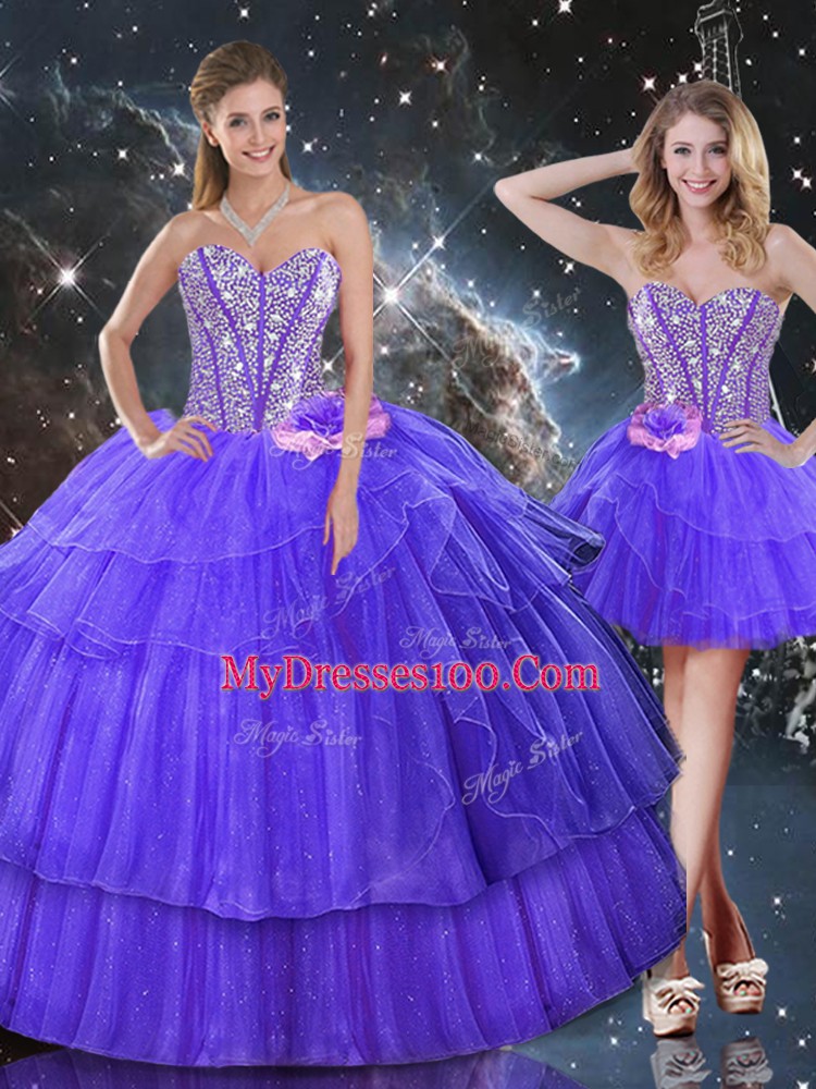 Purple Sweetheart Neckline Beading and Ruffled Layers 15 Quinceanera Dress Sleeveless Lace Up