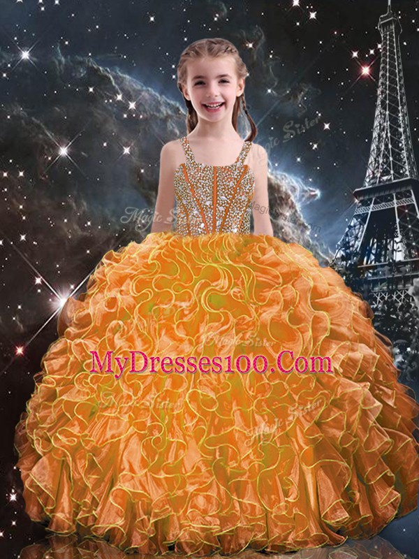 Floor Length Orange Red Little Girls Pageant Gowns Straps Sleeveless Lace Up