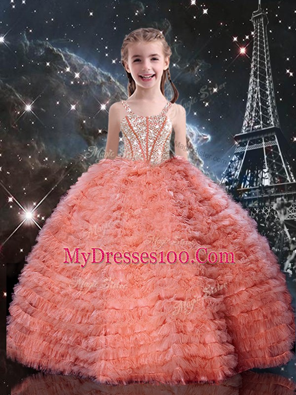 Fashionable Watermelon Red Lace Up Straps Beading and Ruffled Layers Little Girls Pageant Dress Wholesale Tulle Sleeveless