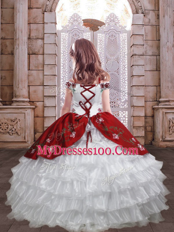 Popular White And Red Spaghetti Straps Lace Up Embroidery and Ruffled Layers Little Girl Pageant Dress Sleeveless