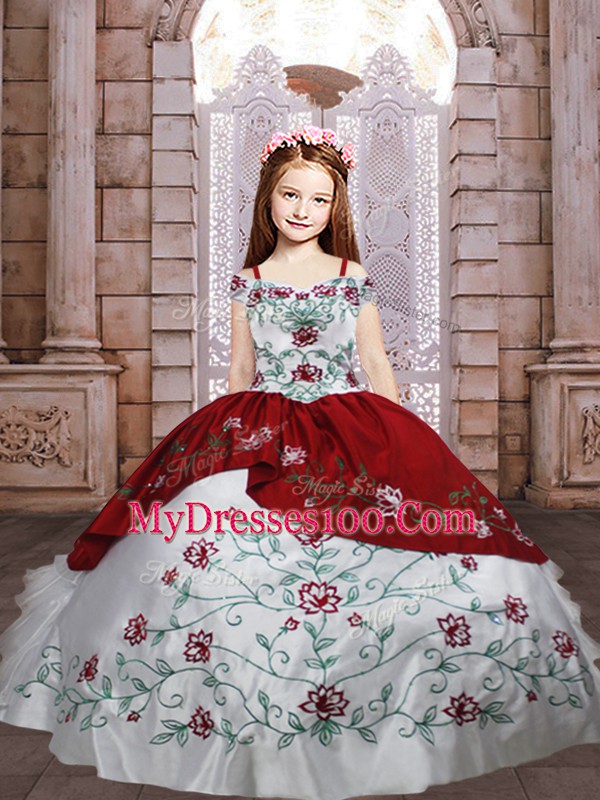 Popular White And Red Spaghetti Straps Lace Up Embroidery and Ruffled Layers Little Girl Pageant Dress Sleeveless