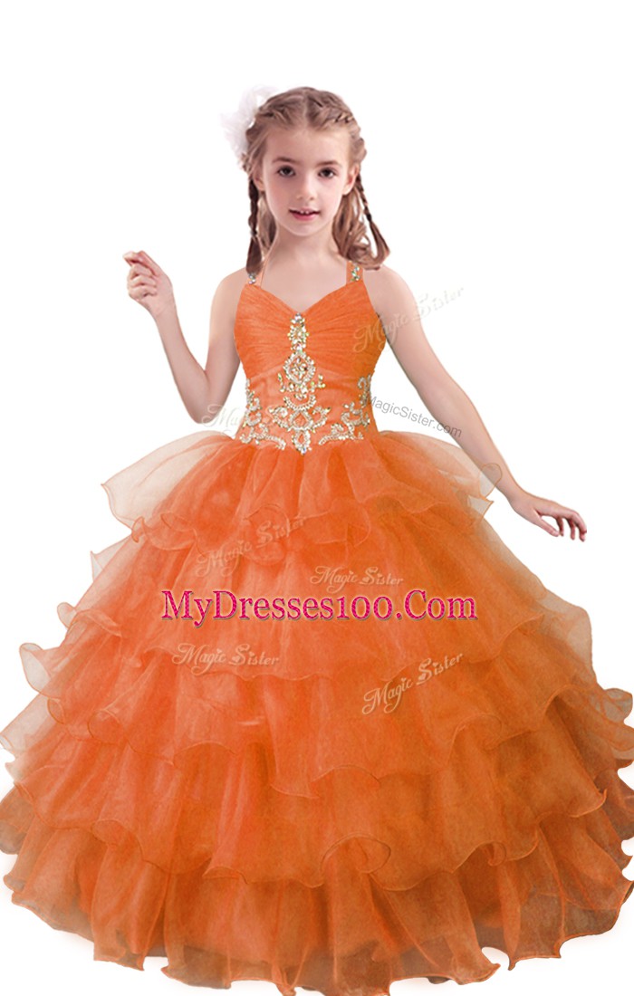 Beautiful Orange Red Organza Zipper Child Pageant Dress Sleeveless Floor Length Beading and Ruffled Layers